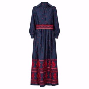 Vintage 70's Brenner Couture Navy and Red Embroidered Scandinavian Maxi Dress